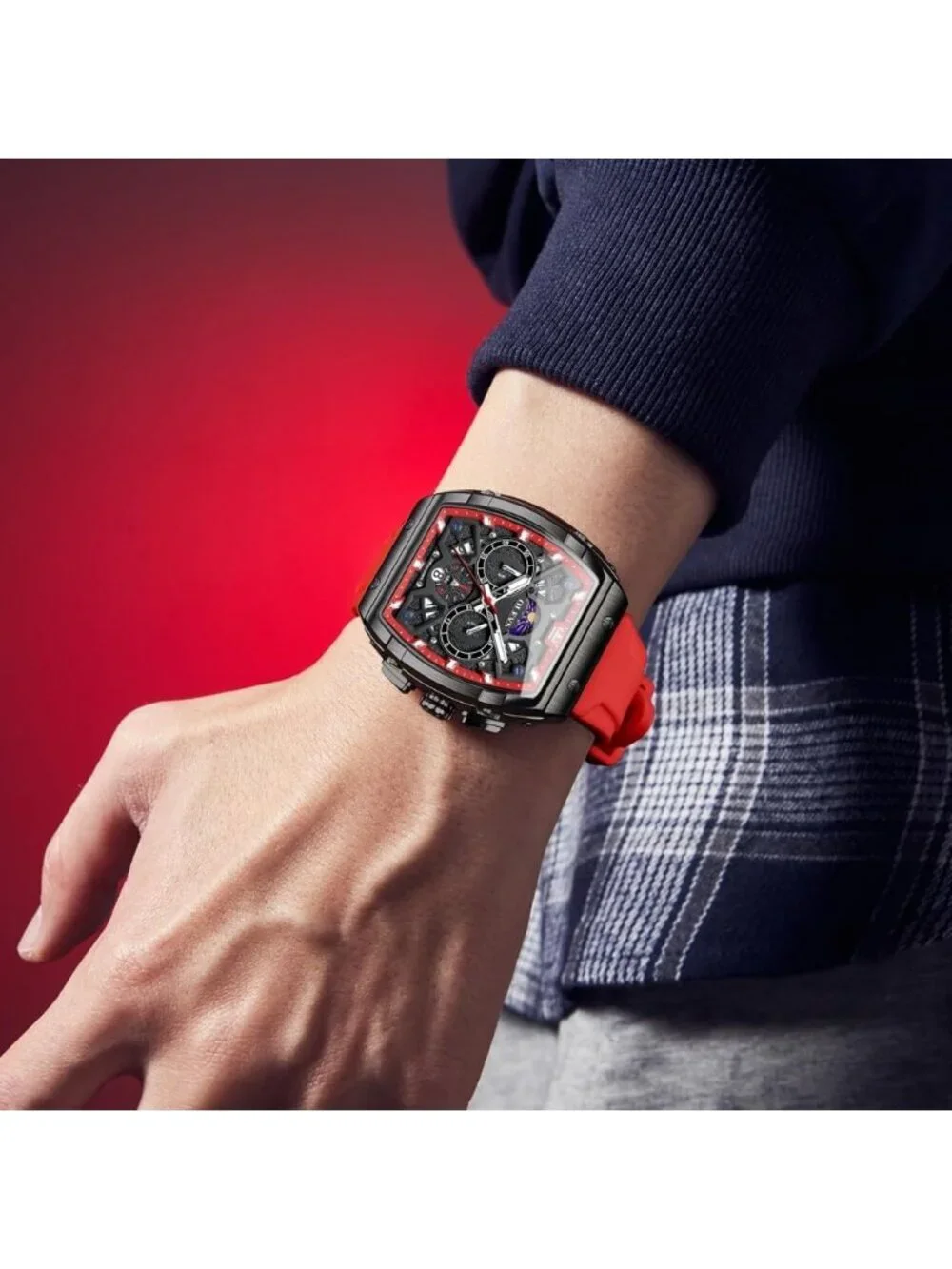 Mens Red Black Chronograph Waterproof Rectangle Moon Phase Luminous Quartz Watch